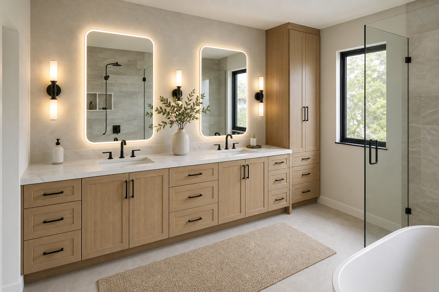 Bathroom vanity project with custom wood storage and stone countertop