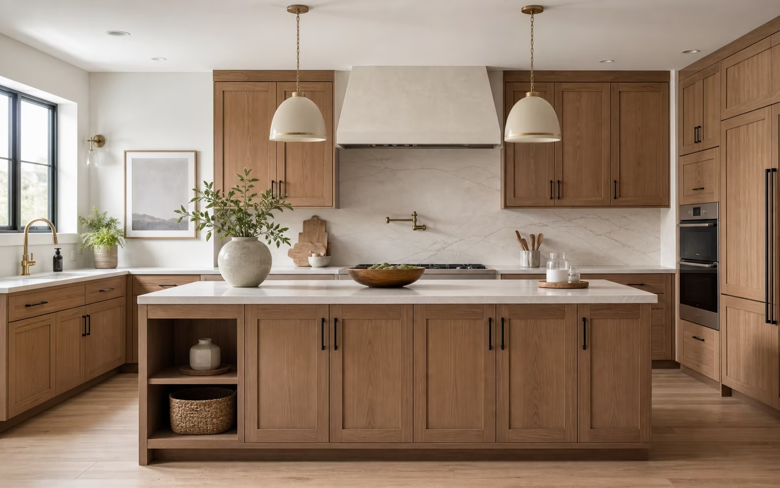 Illustrative warm kitchen with wood cabinet wall and island storage