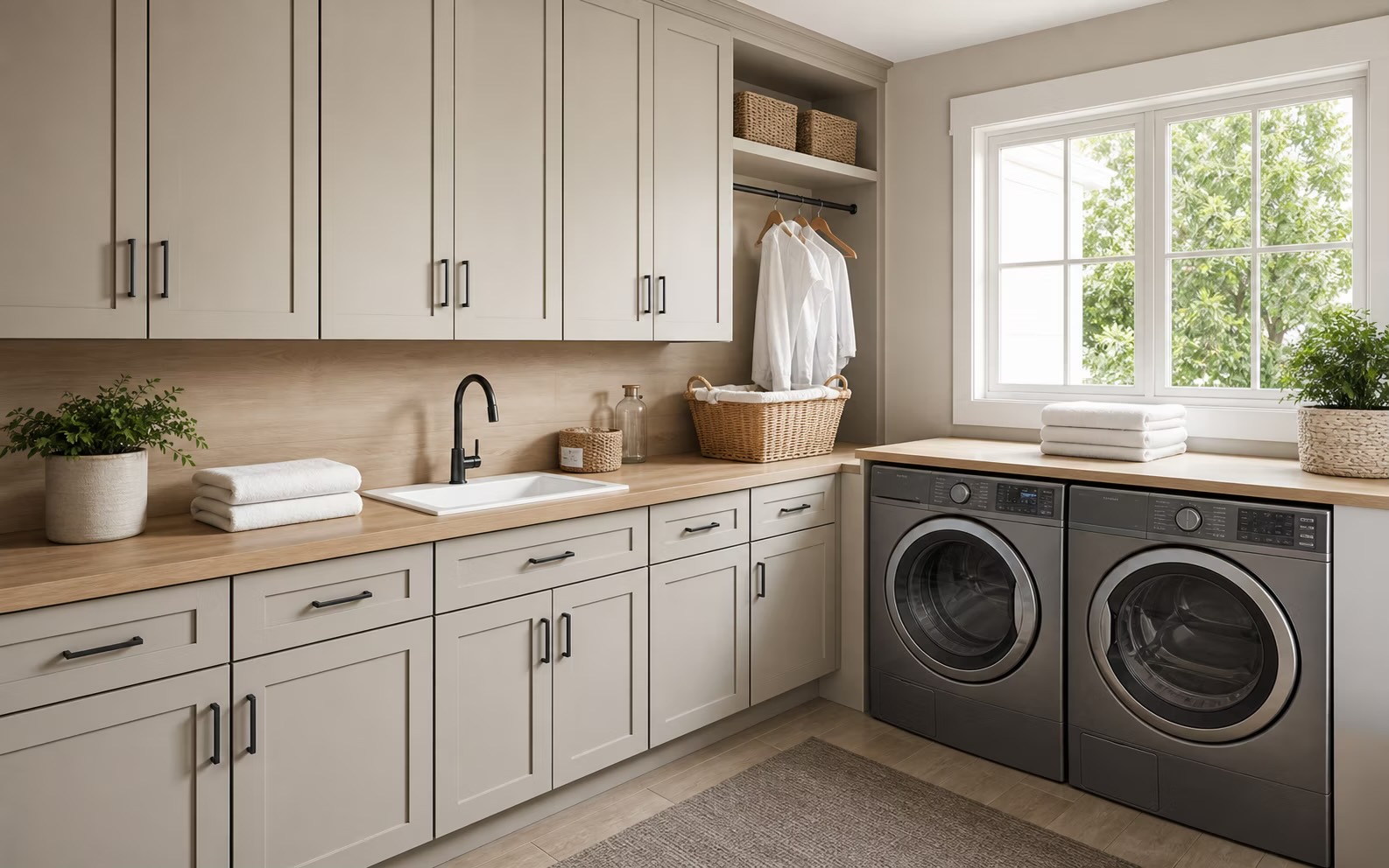 Illustrative laundry room with wall cabinets, base cabinets, folding surface, washer and dryer