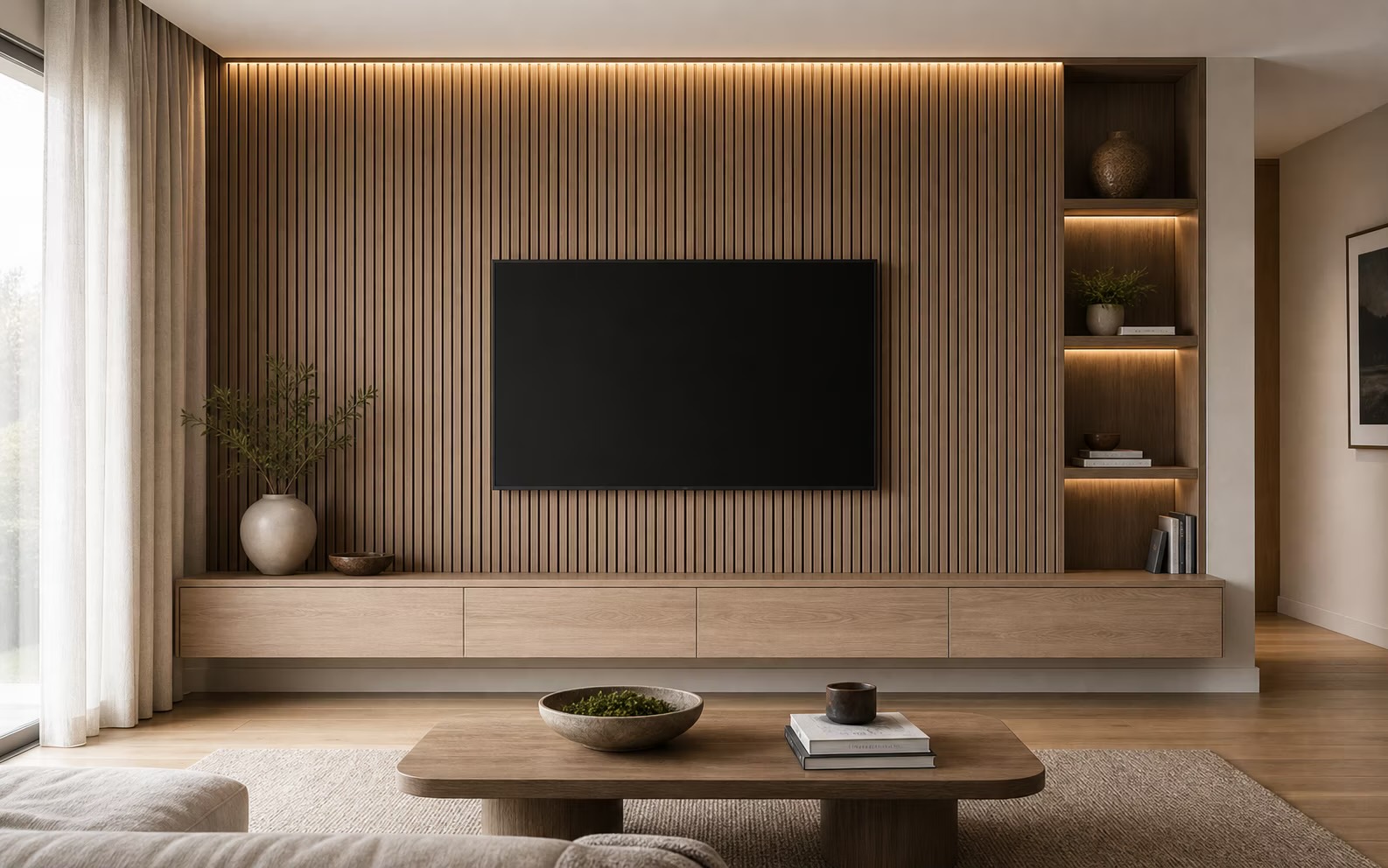 Illustrative living room feature wall with decorative wood panels and floating storage cabinet