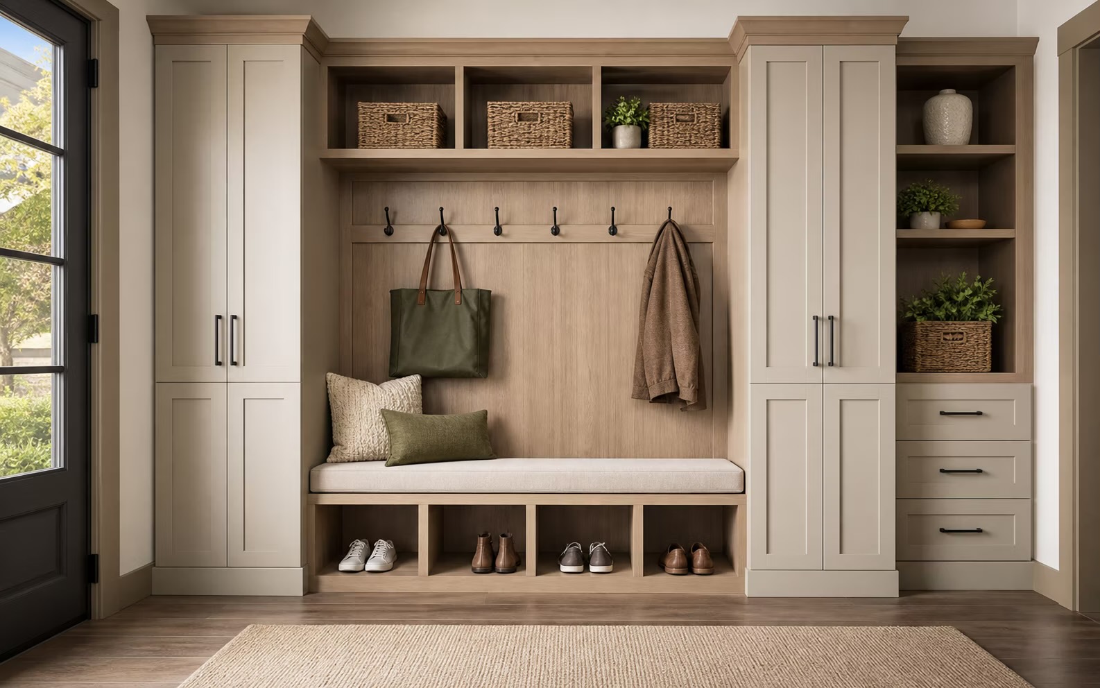Illustrative mudroom with bench cabinets, hooks, shelves, and tall storage