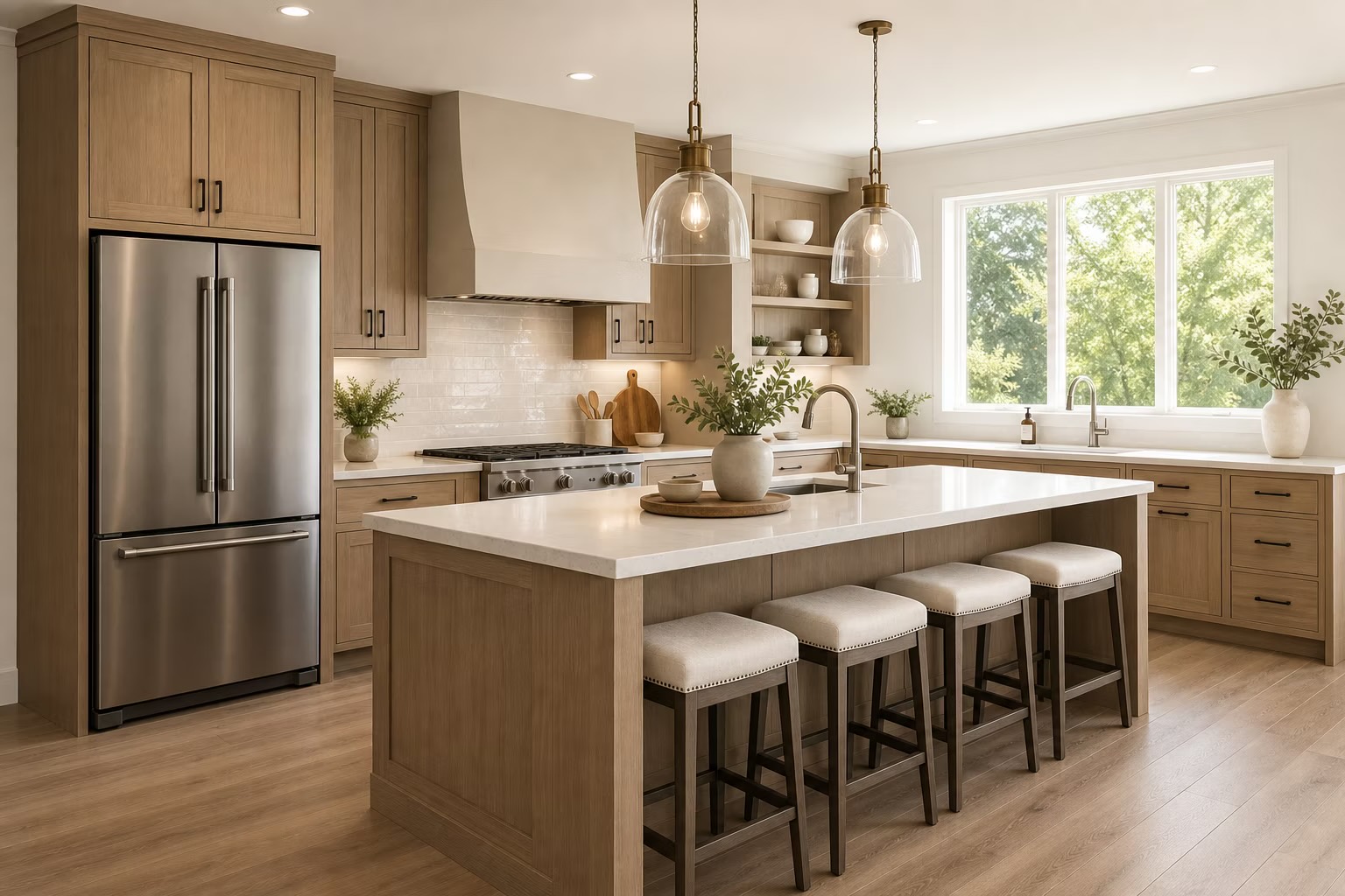 Finished kitchen cabinet project with warm wood cabinetry